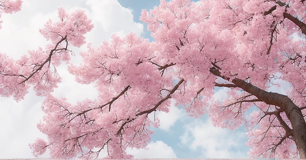 Pastels and clouds. Looking up through tree branches with pink petal flowers all over them. A calming scene; digitally illustrated image produced with the help of artificial intelligence specifically to illustrate an astrology reading series on this website. 