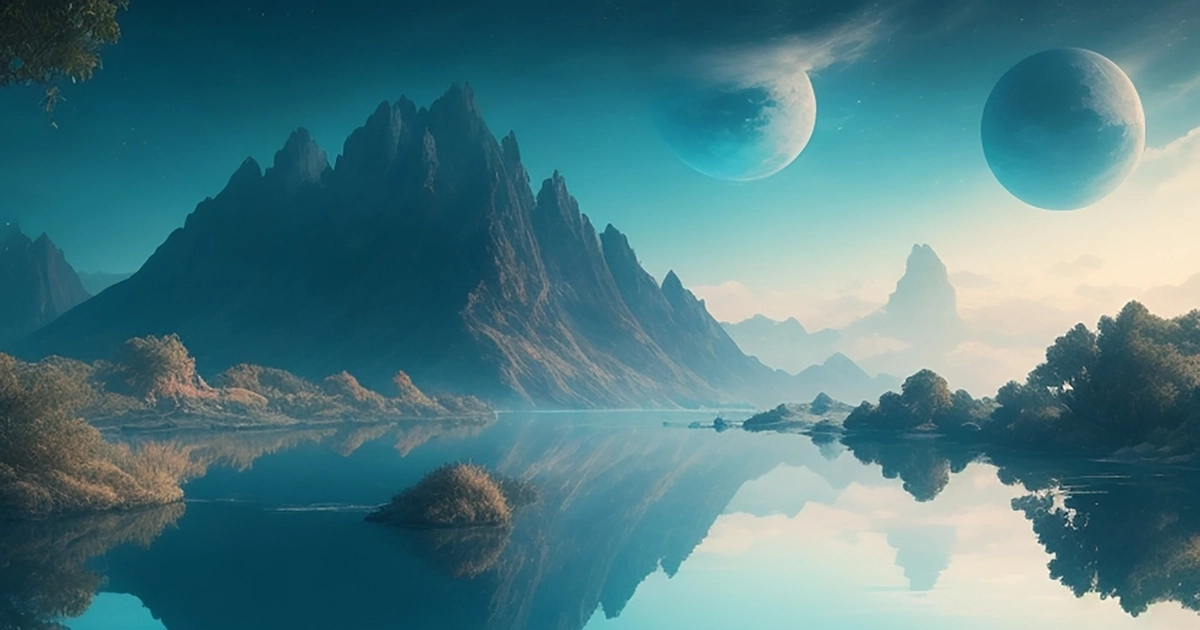 Otherworldly, lots of blue, large lake with still water reflecting the two hovering moons above; an exciting but peaceful scene; digitally illustrated image produced with the help of artificial intelligence specifically to illustrate an astrology reading series on this website. 