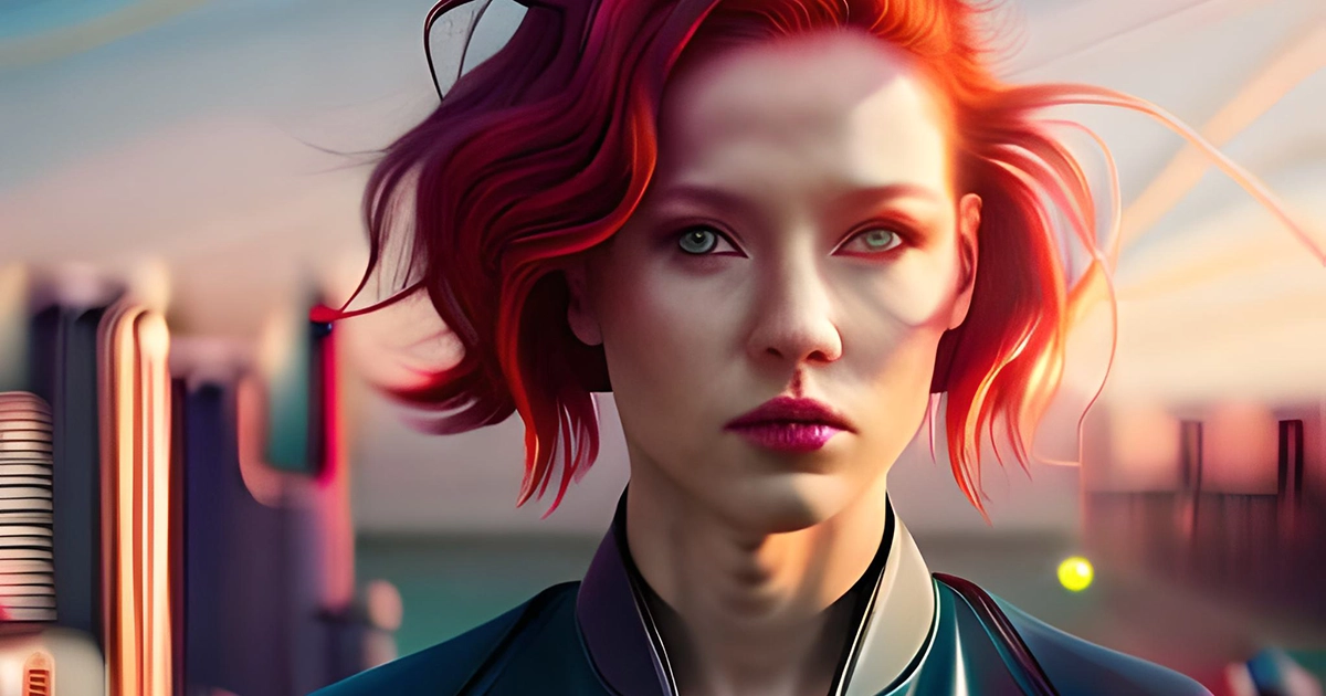 Urban, windblown, rooftop, the sun is setting; a woman looks deeply into the camera; an relatable but intriguing scene; digitally illustrated image produced with the help of artificial intelligence specifically to illustrate an astrology reading series on this website. 