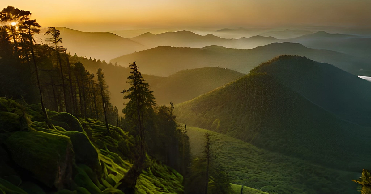 Nature, very green, lots of moss covers the vegetation as it creeps out of the forrest and across the misty hills beyond; a thoughtful and inspiring scene; digitally illustrated image produced with the help of artificial intelligence specifically to illustrate an astrology reading series on this website. 