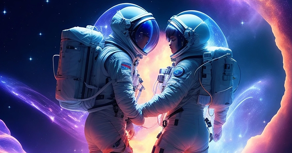 Cosmic energy between two space astronauts who are clearly in love, as well as in the nebula beyond. A breathtaking and emotional scene; digitally illustrated image produced with the help of artificial intelligence specifically to illustrate an astrology reading series on this website. 