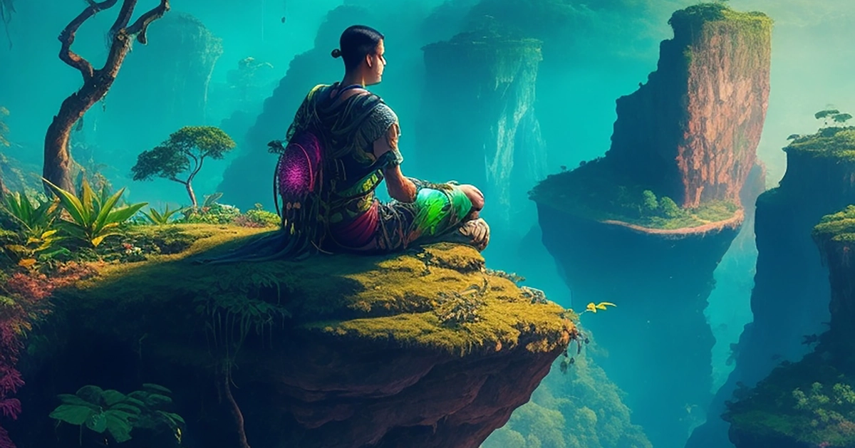 Otherworldly cliffside, as well as a male explorer sitting taking a rest and taking in the view. A thoughtful, adventurous scene; digitally illustrated image produced with the help of artificial intelligence specifically to illustrate an astrology reading series on this website. 