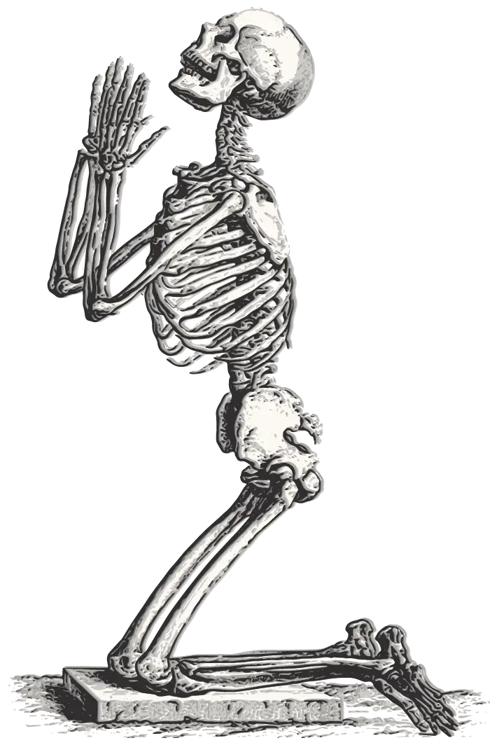 Digital illustration created by human-hand, for this website, of an skeleton on their knees with both hands up towards their face, almost like they're praying; contemporary. 