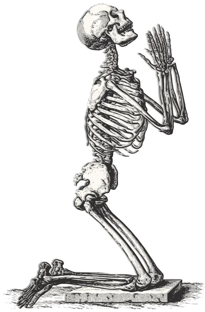 Digital illustration created by human-hand, for this website, of an skeleton on their knees with both hands up towards their face, almost like they're praying; contemporary. 