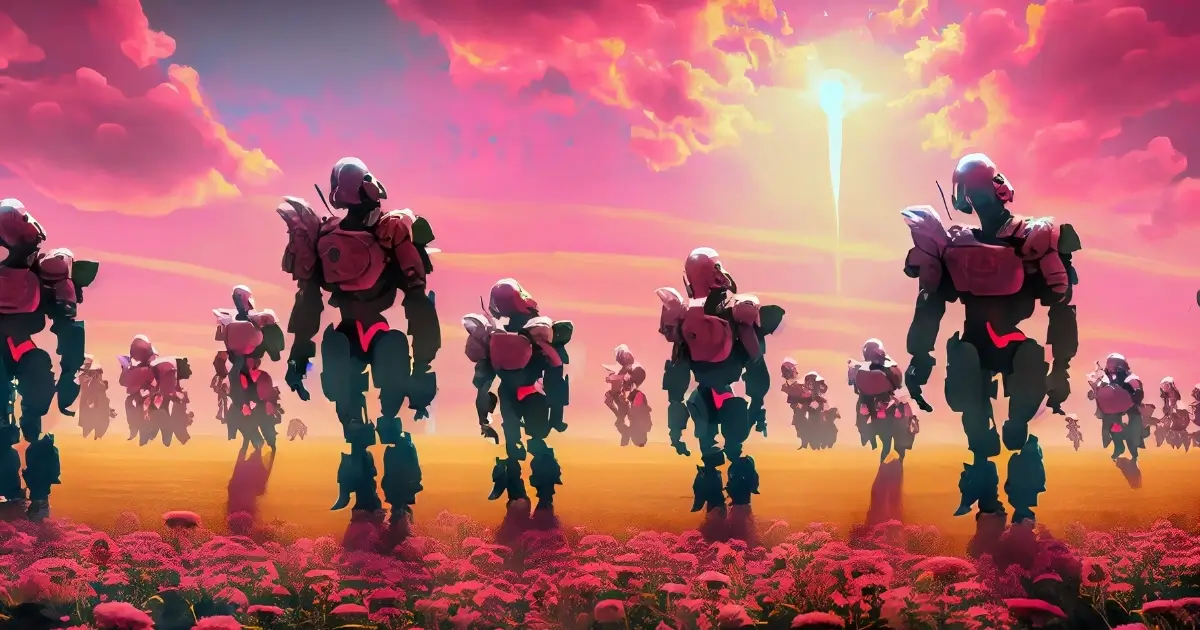 Large, boxy robots hover in rows over a flowering meadow. 