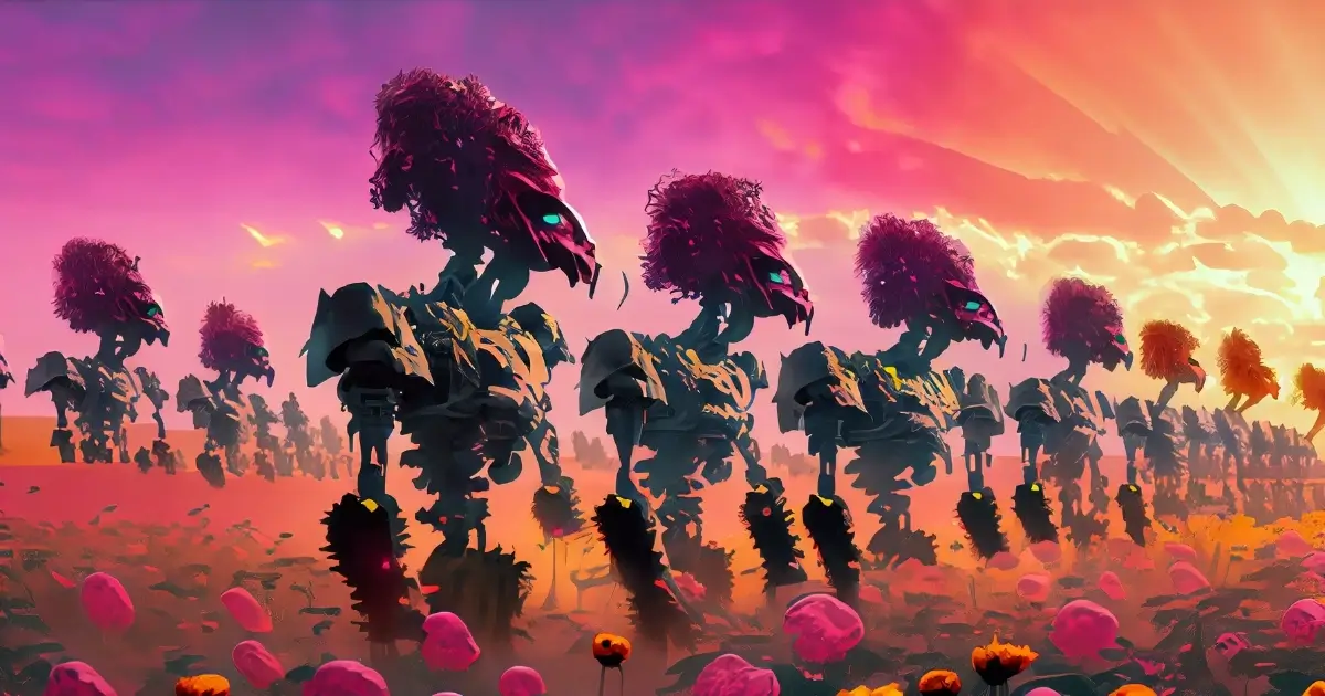 Alien android luxury spa. Two comfortable looking androids lay on lounge chairs in a forrest. Contemporary digital art, futurism, campy, by @seanivore created for this blog. 