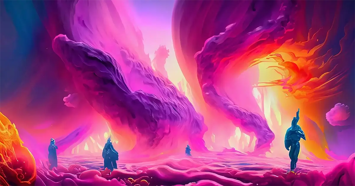 Bright and vibrant abstract cloud formations with figures that appear made of cloud-like liquid; vaporwave; vibrant orange and pink; contemporary digital art by @seanivore for this website. 