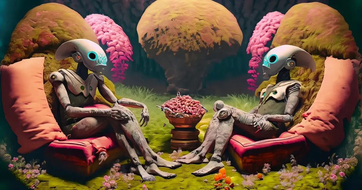 Two aliens in recliners converse. 
