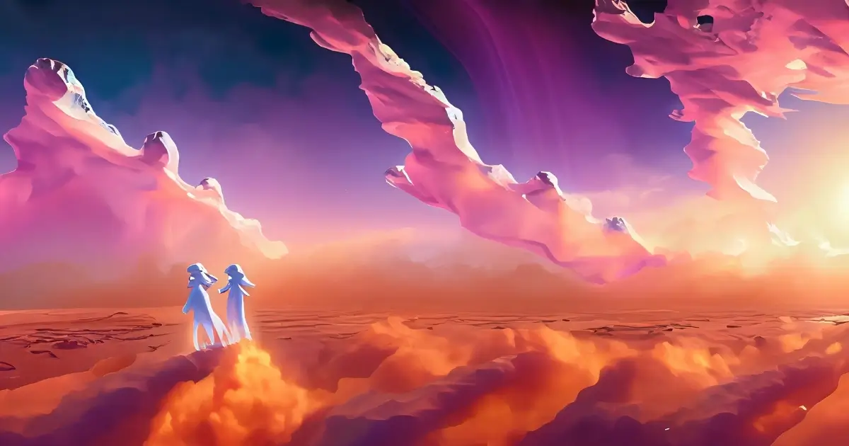 Two angelic-looking white, formless alien figures traverse a red planet. 