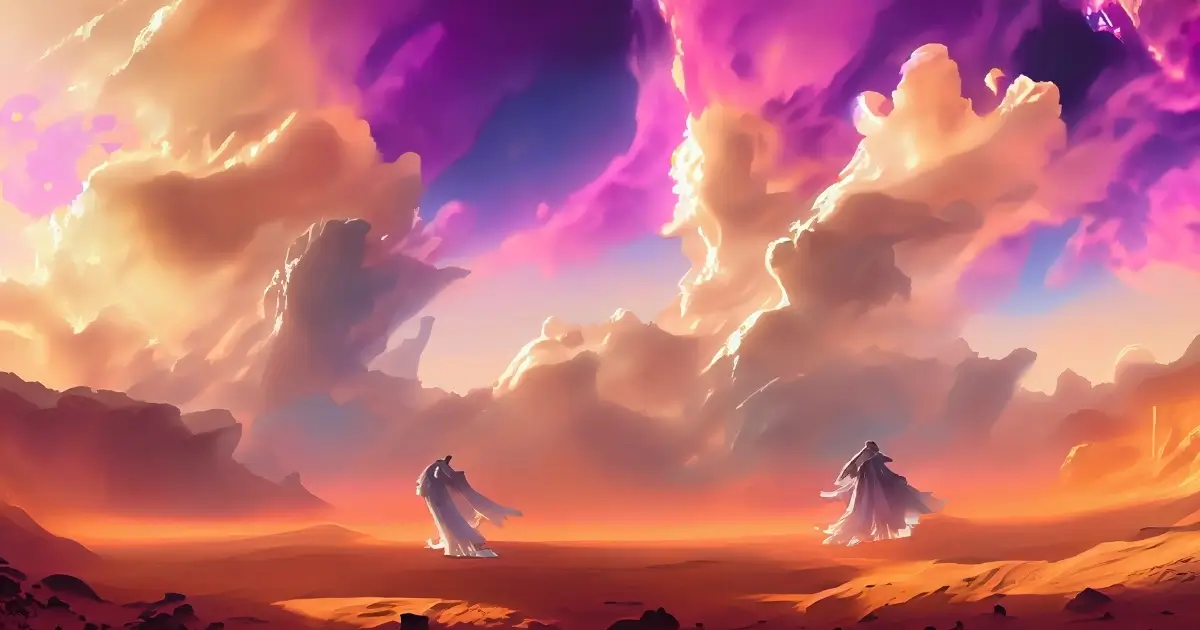 Two dramatic white formless figures; the aliens move away from each other across a red desert. 