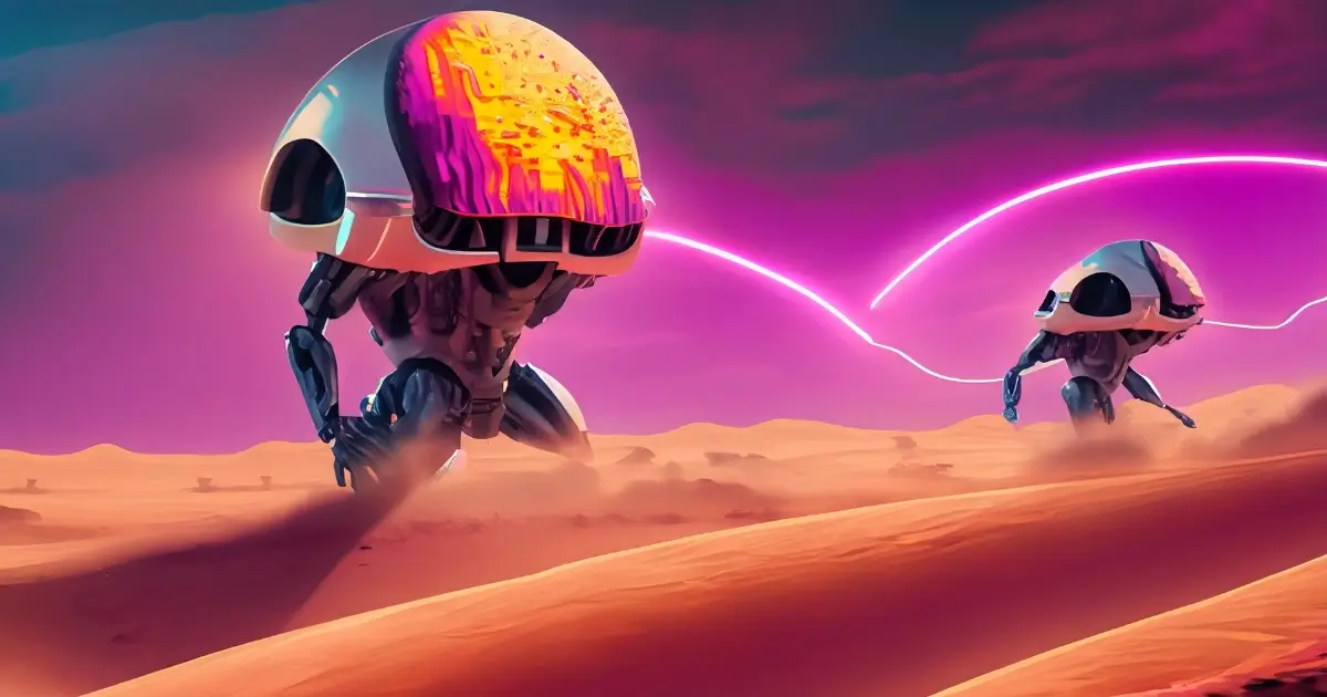 Robots fighting through desert sands. 