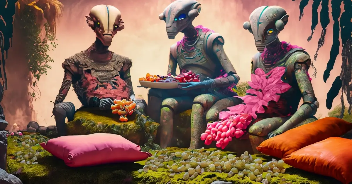 Three androids try to serve you food. 