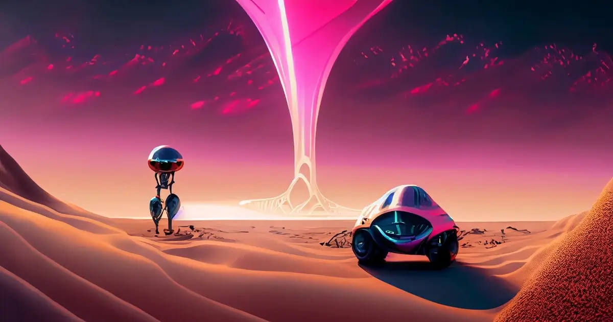 Two robot friends in an alien desert. 