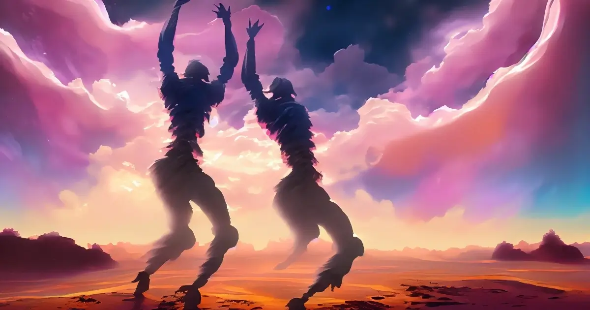 Two formless alien figures look like smoke with arms stretched up. 