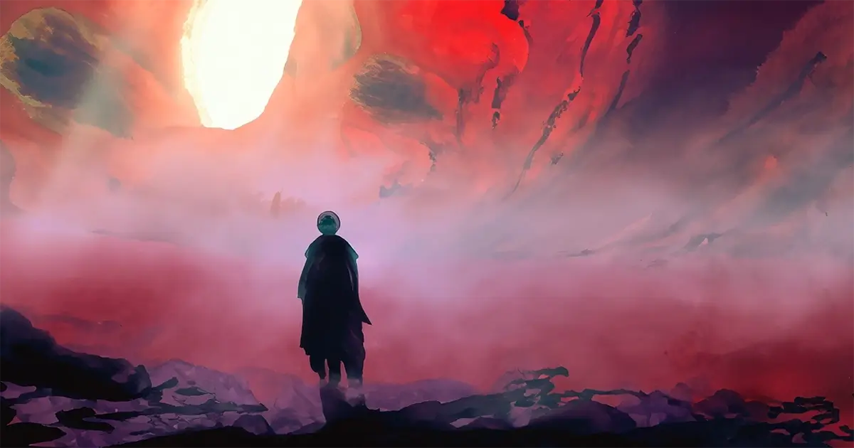Figure lost in fog on a red planet. 