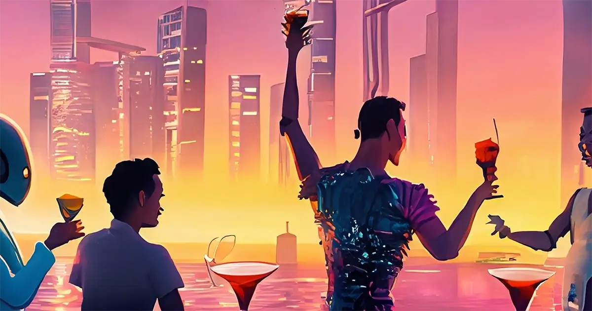 Group of people celebrate at a cocktail bar in a futuristic city. 