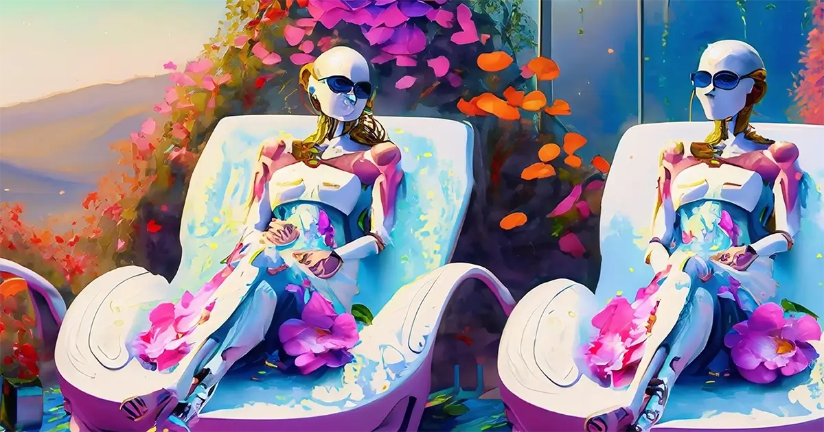 Two androids relax at a spa. 