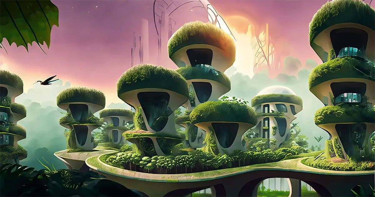 Sustainable and eco-friendly concept architecture design interpretation. Digital art, @seanivore, 2023