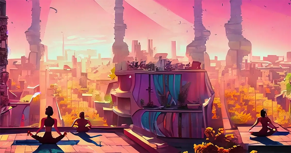 People in a futuristic city do yoga on the rooftops. Silhouettes and sunset.