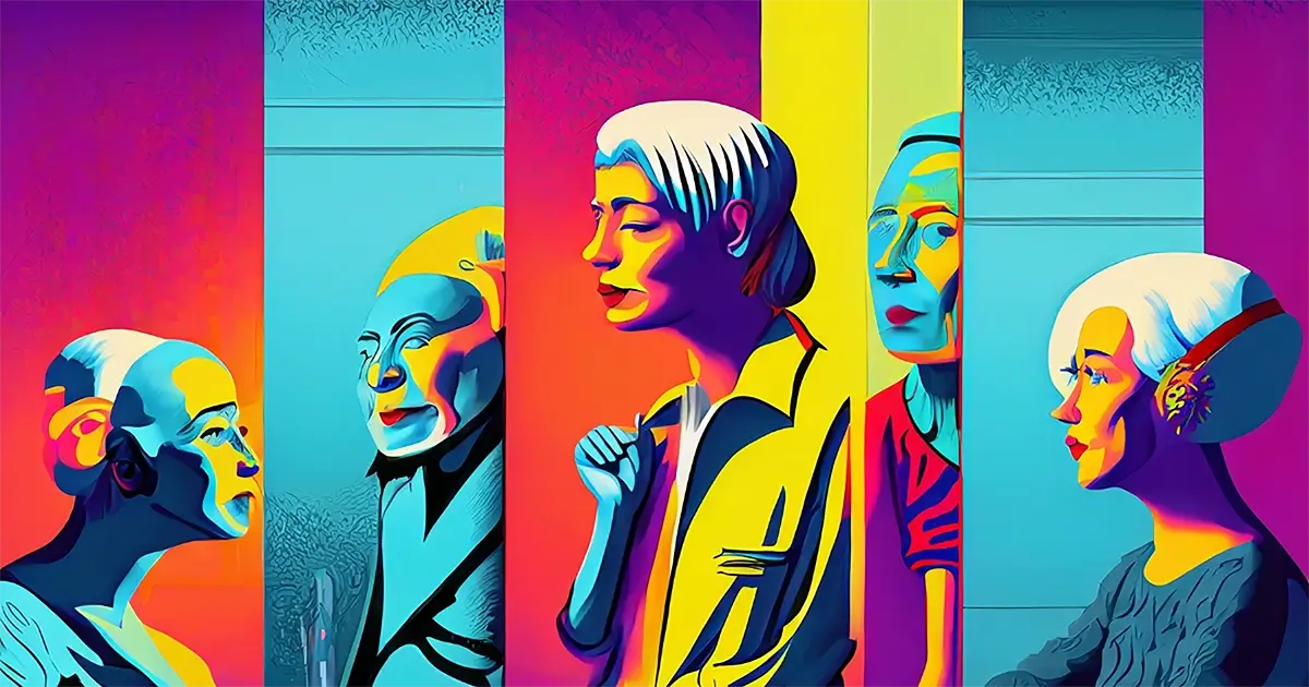 Pop-Art era art movement artists interpretation mural of an elderly woman. 