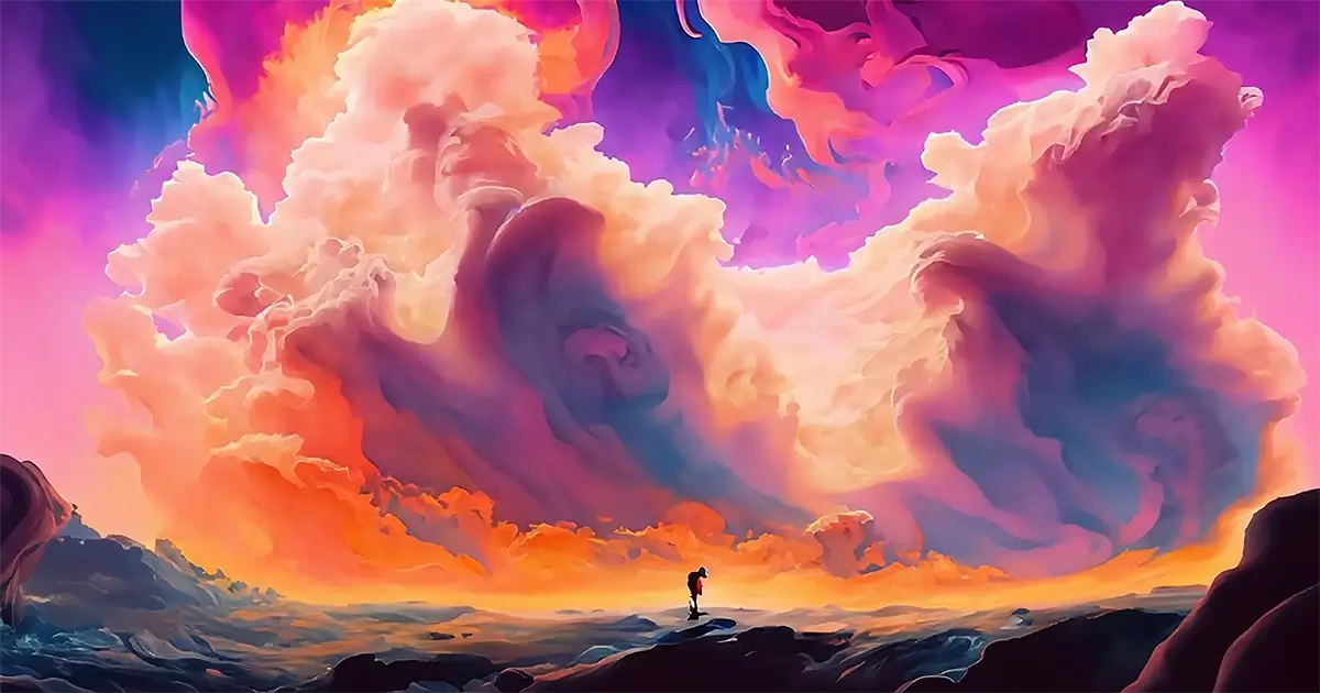 Explosive storm clouds approaching the coast. Digital art, @seanivore, 2023