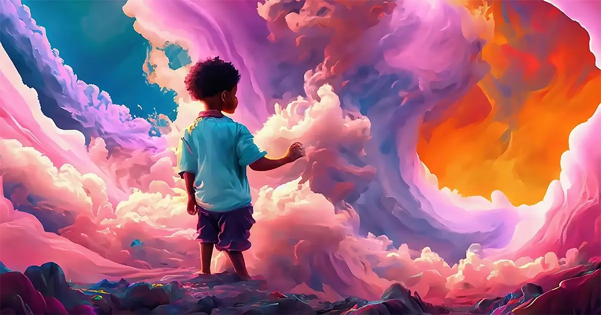 Child painting the clouds. Contemporary digital art, @seanivore 2023