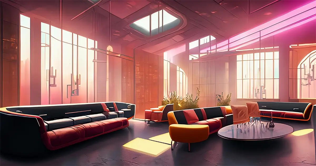 Artist interpretation of industrial design for art history article. Sunset light shines in floor to ceiling windows over rows of seating in a lobby. 