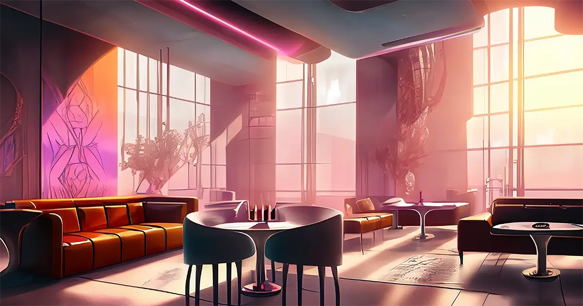 Artist interpretation of industrial design for art history article. Sunset light shines in floor to ceiling windows over rows of seating in a lobby. 