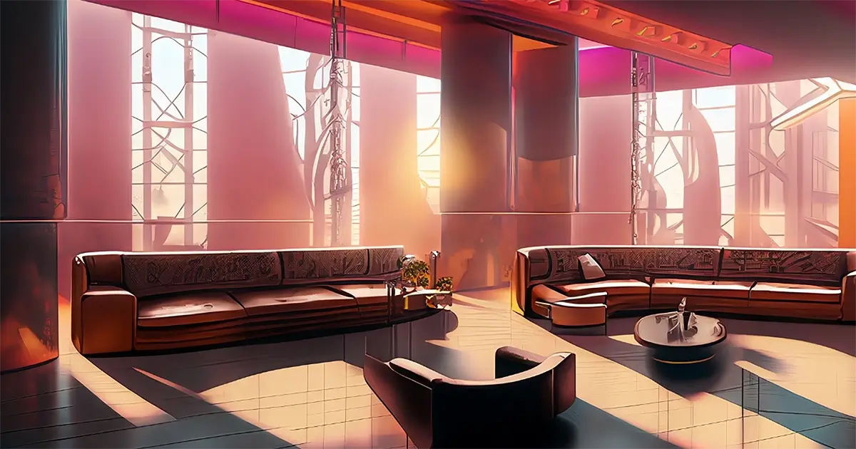 Artist interpretation of industrial design for art history article. Sunset light shines in floor to ceiling windows over rows of seating in a lobby. 