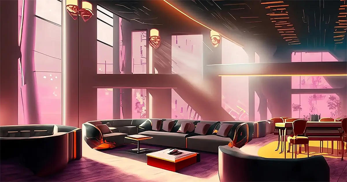 Artist interpretation of industrial design for art history article. Sunset light shines in floor to ceiling windows over rows of seating in a lobby. 