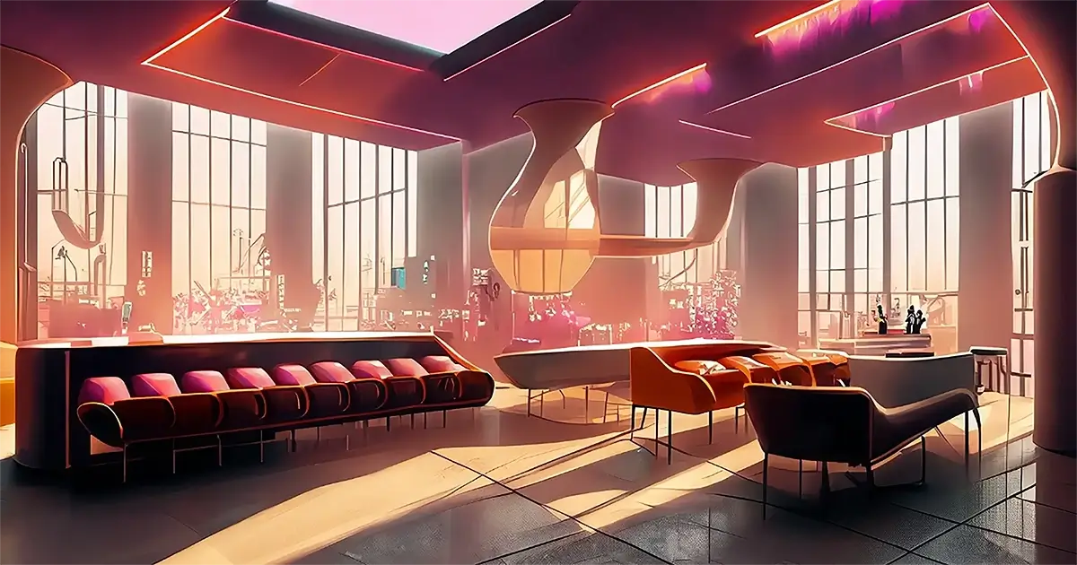 Artist interpretation of industrial design for art history article. Sunset light shines in floor to ceiling windows over rows of seating in a lobby. 