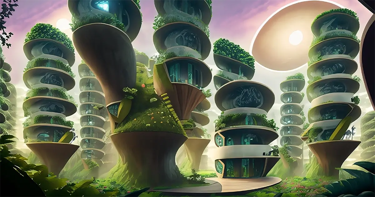 Artist interpretation of sustainable eco friendly design for art history article. Futuristic columns of high-rise buildings of condos are covered in ivy, blending with the earth. 