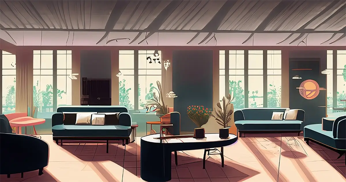 Artist interpretation of Scandinavian design for art history article. A beautifully furnished room. 