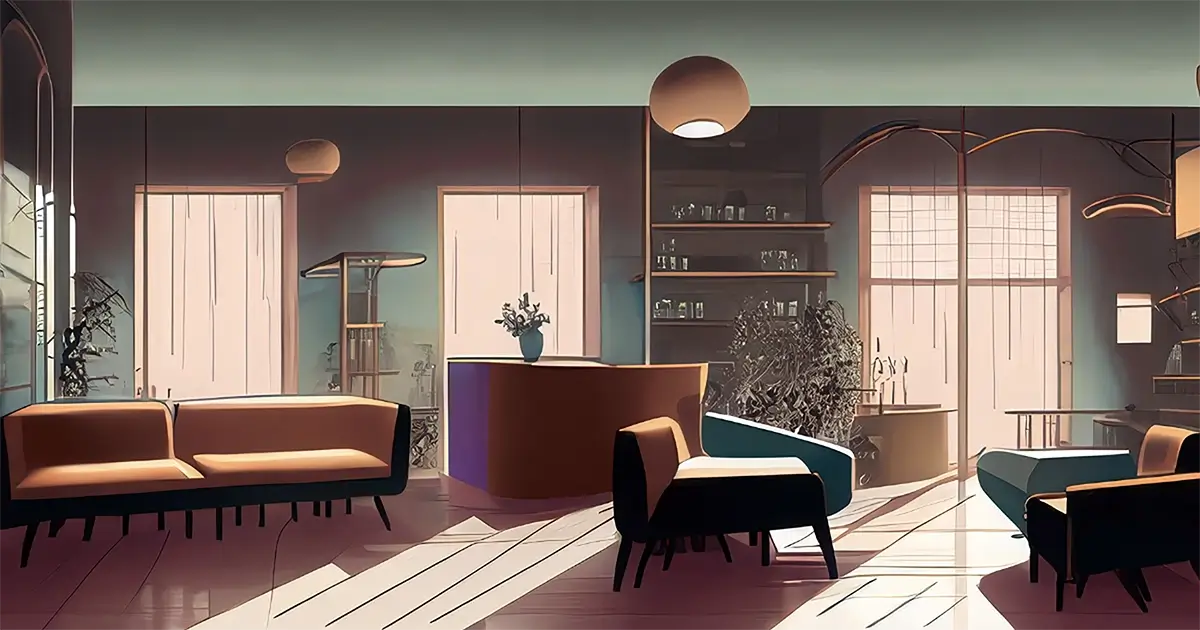 Artist interpretation of Scandinavian design for art history article. A beautifully furnished room. 