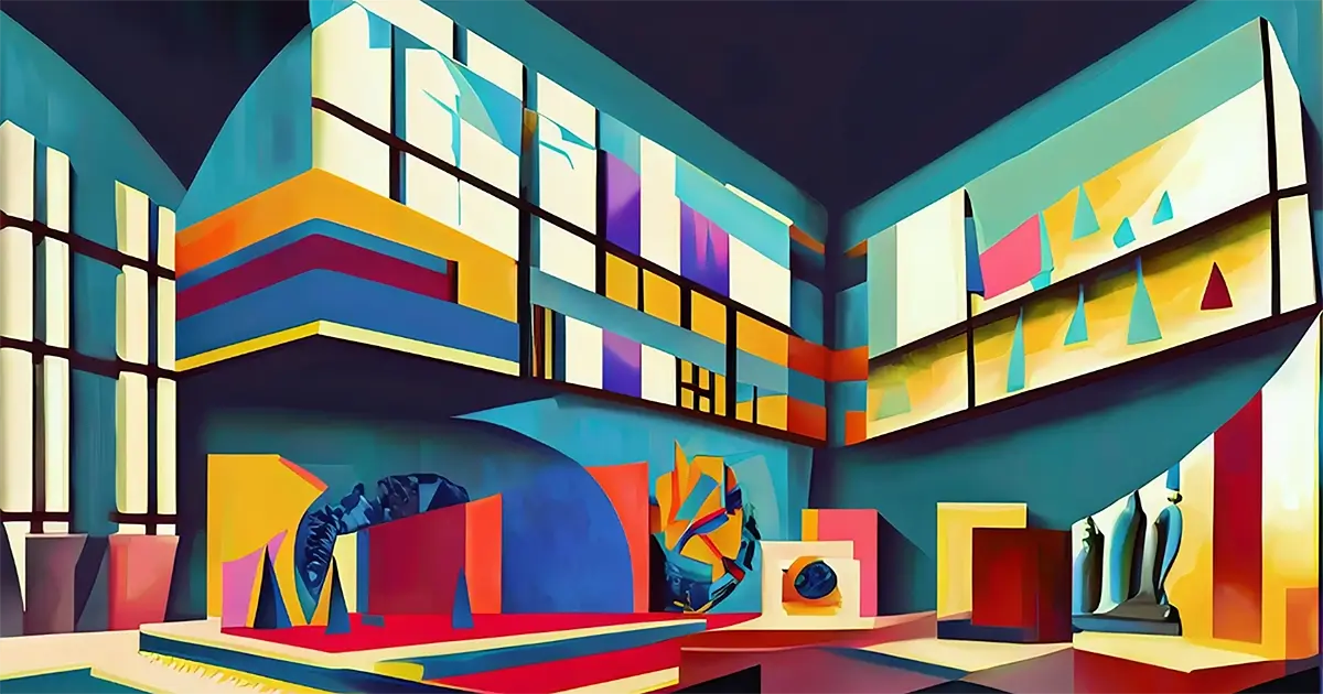Artist interpretation of Bauhaus design for art history article. A colorful rendition. 