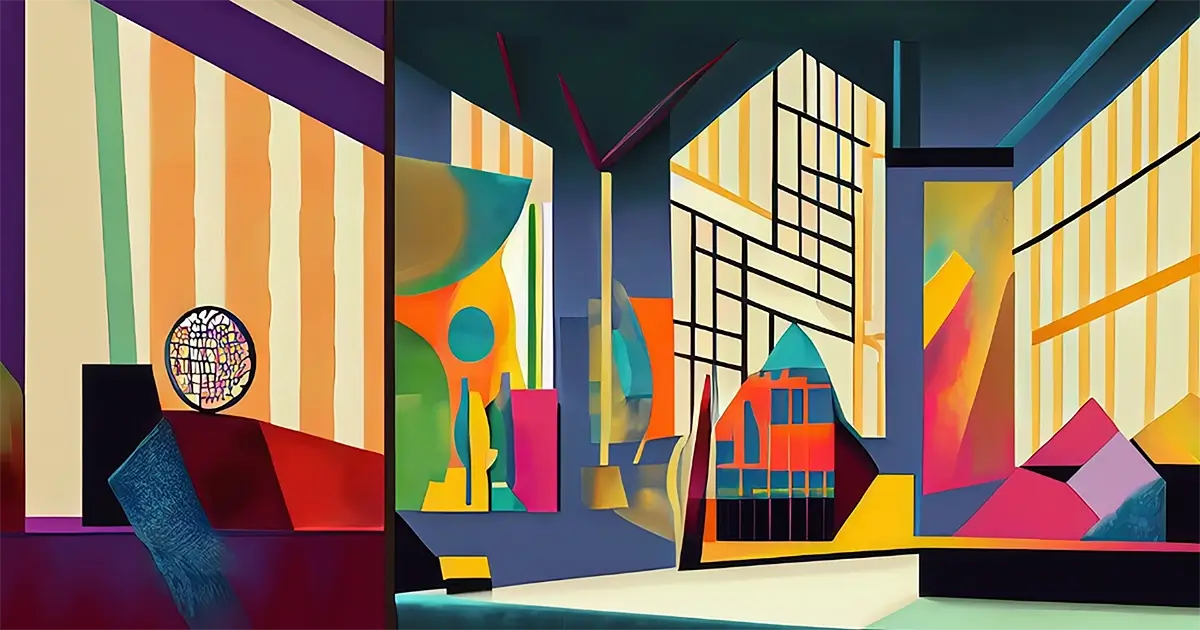 Artist interpretation of Bauhaus design for art history article. A colorful rendition. 