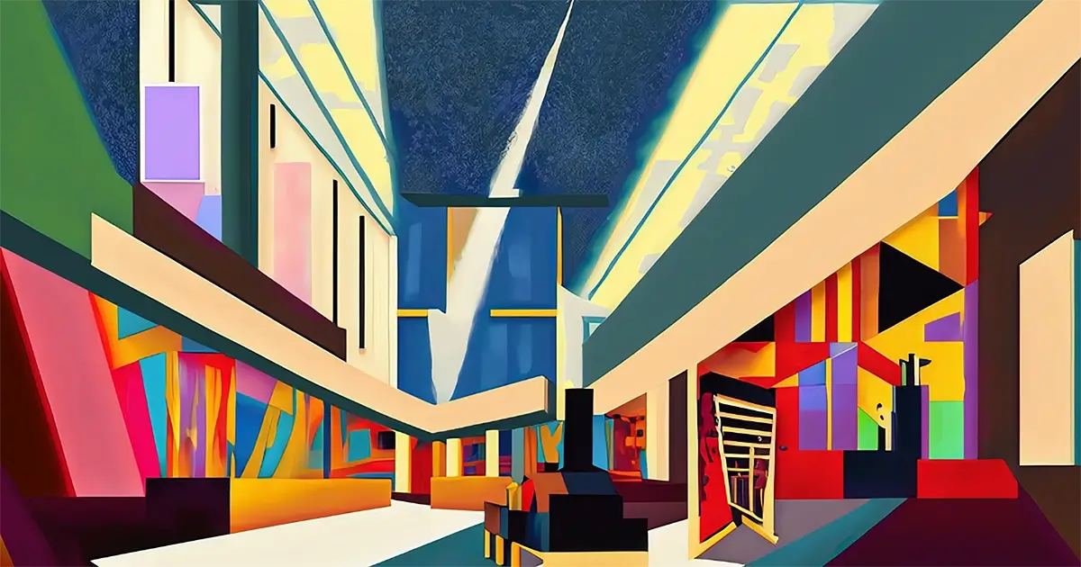 Artist interpretation of Bauhaus design for art history article. A colorful rendition. 