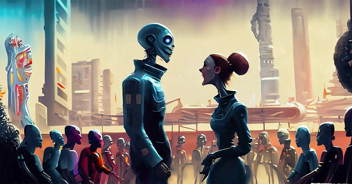 A couple in an argument in the city center. She is an alien and he is a robot. 