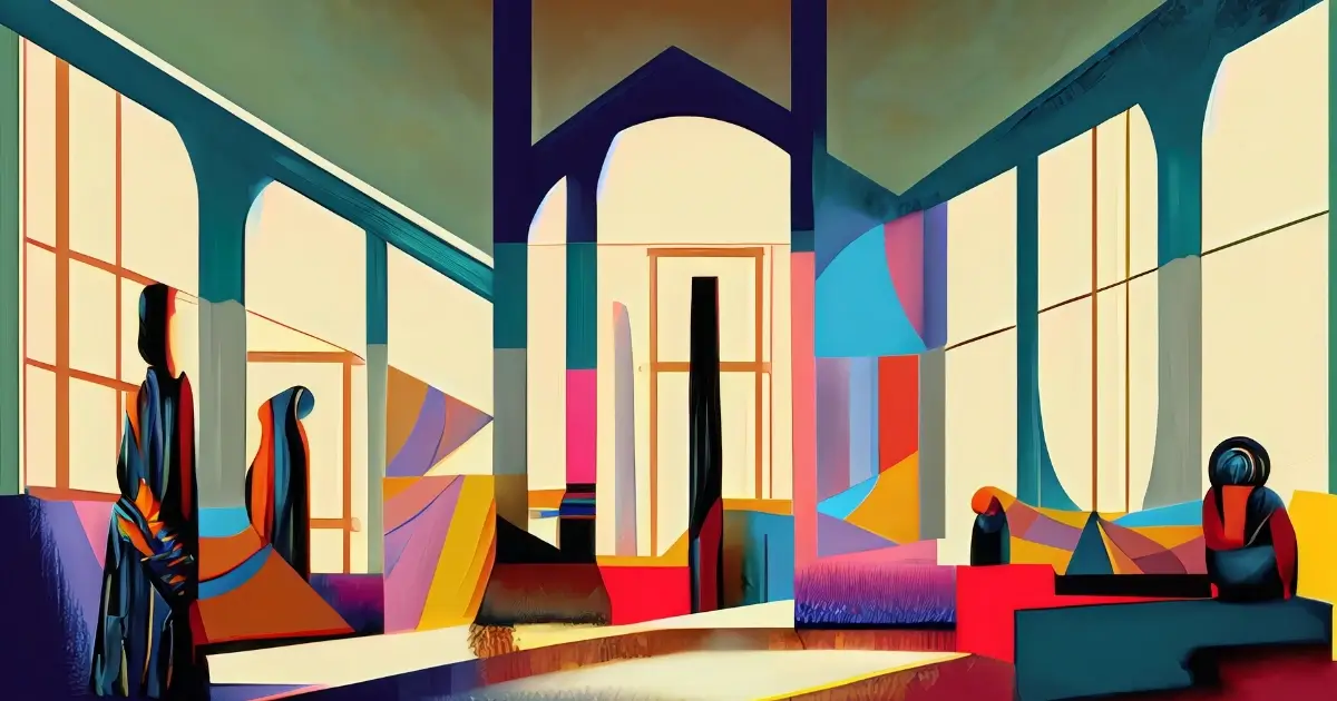 Artist interpretation of Bauhaus design for art history article. A colorful rendition. 