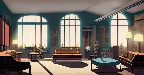 Artist interpretation of Scandinavian design for art history article. A beautifully furnished room. 
