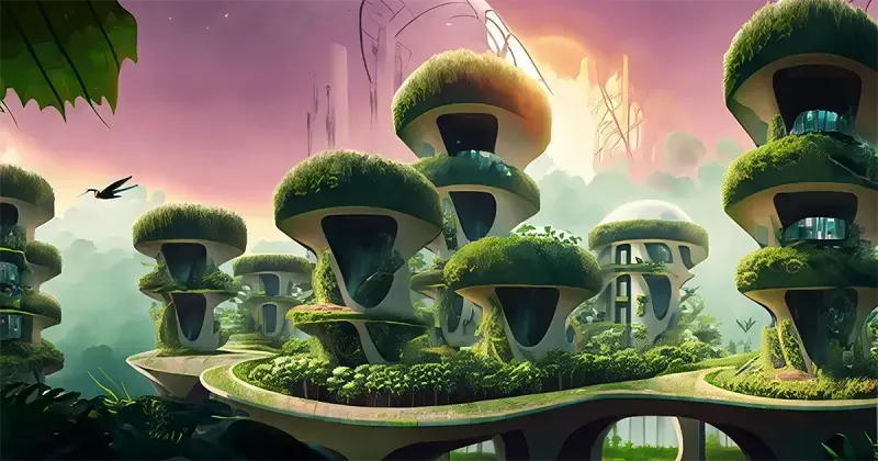 Artist interpretation of sustainable eco friendly design for art history article. Futuristic columns of high-rise buildings of condos are covered in ivy, blending with the earth. 
